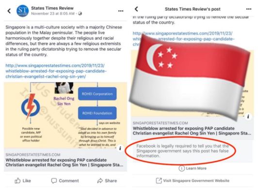Facebook bowed to a Singapore government order to brand a news post as false