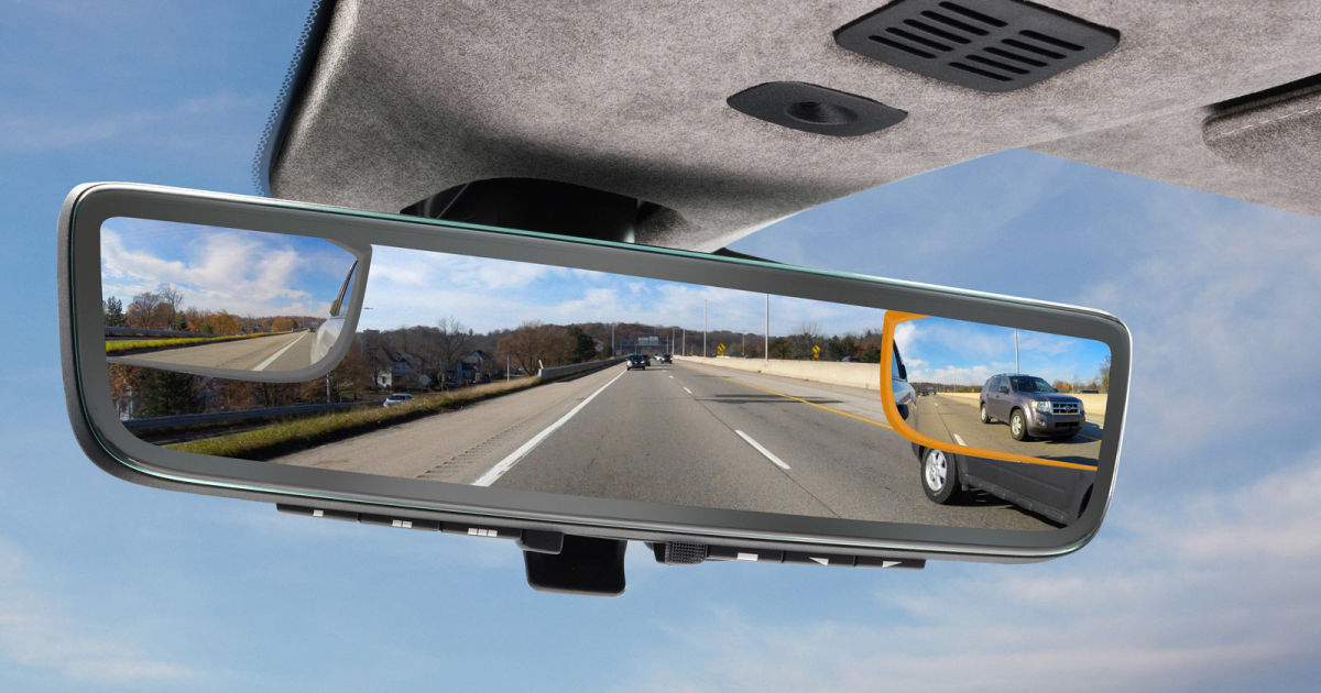 Aston Martin’s rearview mirror shows three video feeds simultaneously